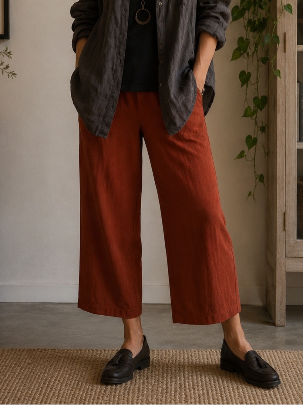 Eileen Fisher Rust Wide Leg Pants M Lagenlook Minimalist Pull On Stretch Flowy